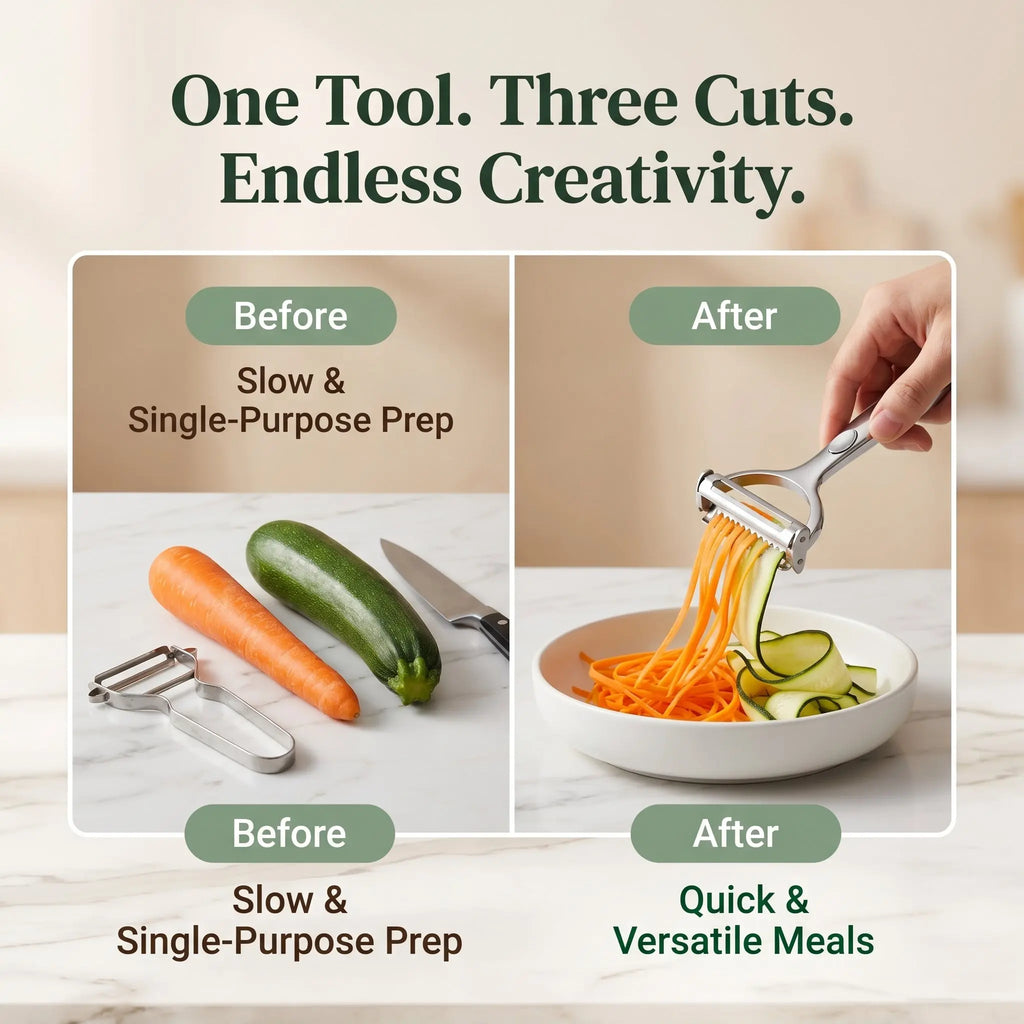 The Prep Shelf’s TriplePrep Julienne Peeler The Prep Shelf